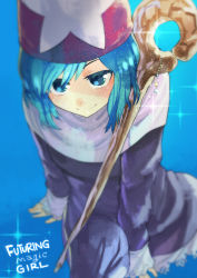 Rule 34 | 1girl, bad id, bad pixiv id, blue eyes, blue hair, cloak, close-up, final fantasy, final fantasy tactics, hat, highres, kyougetsu (junrai), matching hair/eyes, pin, robe, shaded face, short hair, smile, solo, staff, tate eboshi, time mage, time mage (fft), wand, weapon