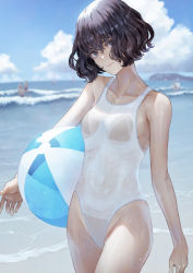 Rule 34 | 1girl, ball, bare arms, bare shoulders, beach, beachball, black eyes, black hair, blue sky, breasts, carrying, carrying under arm, cloud, collarbone, commentary request, covered navel, day, groin, head tilt, highres, horizon, kaoming, lips, looking at viewer, nanjou ao, ocean, one-piece swimsuit, original, outdoors, people, see-through, sky, small breasts, solo focus, swimsuit, water, waves, wavy hair, wet, white one-piece swimsuit