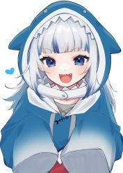 Rule 34 | 1girl, :d, animal hood, blue eyes, blue hoodie, fish skeleton, gawr gura, gawr gura (1st costume), highres, hinakano h, hololive, hololive english, hood, hoodie, long hair, multicolored hair, open mouth, oversized clothes, shark hood, sharp teeth, simple background, sleeves past fingers, sleeves past wrists, smile, solo, streaked hair, teeth, upper body, virtual youtuber, white background, white hair