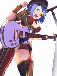 Rule 34 | 1girl, :d, black headwear, blue hair, bra, bracelet, breasts, brown bra, brown panties, electric guitar, enkyo yuuichirou, covered erect nipples, flying sweatdrops, from below, garter belt, guitar, hand up, hat, highres, hisho collection, holding, holding instrument, instrument, jewelry, gibson les paul, looking at viewer, looking down, medium breasts, microphone, microphone stand, music, open mouth, panties, playing instrument, short hair, simple background, smile, standing, thighhighs, underwear, white background, wristband, yellow eyes