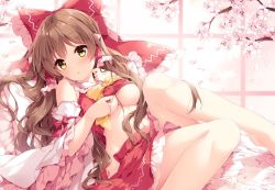 Rule 34 | 1girl, :o, bed sheet, bow, breasts, brown hair, cherry blossoms, detached sleeves, hair bow, hair tubes, hakurei reimu, indoors, lifting own clothes, long hair, looking at viewer, medium breasts, miniskirt, mochizuki shiina, no bra, no panties, pillow, red bow, red skirt, sitting, skirt, skirt set, solo, stomach, thighs, touhou, underboob, very long hair, vest, vest lift, wavy hair, window, yellow bow, yellow eyes, yellow neckwear