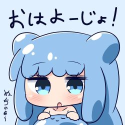 Rule 34 | 1girl, :o, blue background, blue eyes, blue hair, blush, chibi, closed eyes, closed mouth, collarbone, commentary request, double bun, hair bun, half slime-chan, hana kazari, long hair, monster girl, nude, original, parted lips, sidelocks, simple background, slime (substance), slime girl, solo, translation request, upper body