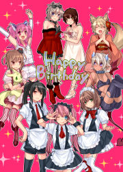 Rule 34 | 6+boys, animal ears, apron, bad id, bad pixiv id, black hair, black legwear, blonde hair, blue eyes, blush, boots, bow, bowtie, brown eyes, brown hair, bulge, closed eyes, clothes lift, creature, crossdressing, dark-skinned male, dark skin, demon, demon boy, demon tail, dress, english text, everyone, fangs, flower, fox ears, fox tail, frown, garter belt, green eyes, hair flower, hair ornament, happy birthday, hat, heart, heart hands, heart hands duo, highres, holding, horns, japanese clothes, kimono, lingerie, lolita fashion, long hair, maid, maid apron, makuro, male focus, mary janes, multiple boys, navel, necktie, nipples, one eye closed, open mouth, original, panties, pantyhose, pink eyes, pink hair, ponytail, puffy sleeves, purple eyes, red eyes, red footwear, ribbon, sailor collar, shoes, short hair, short twintails, shorts, simple background, sitting, skirt, skirt lift, smile, standing, striped clothes, striped legwear, striped thighhighs, sweat, tail, thighhighs, tongue, tongue out, trap, twintails, underwear, usa usa nyan nyan, v, vertical-striped clothes, vertical-striped thighhighs, very long hair, waitress, white footwear, white hair, white legwear, wink, wrist cuffs