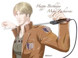 Rule 34 | 1boy, beard stubble, birthday, blonde hair, facial hair, happy birthday, holding, holding behind neck, holding sword, holding weapon, jacket, kaiusa1, light smile, looking at viewer, looking to the side, male focus, mature male, mike zakarius, mustache stubble, paradis military uniform, pectorals, shingeki no kyojin, short hair, sideburns stubble, smile, solo, stubble, sword, upper body, weapon
