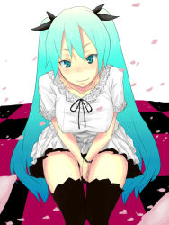 Rule 34 | 1girl, aqua eyes, aqua hair, bad id, bad pixiv id, blush, bow, breasts, dress, covered erect nipples, hair bow, hatsune miku, inayama, knees together feet apart, large breasts, leaning forward, long hair, petals, ribbon, shirt, sitting, skirt, smile, solo, taut clothes, taut shirt, thigh gap, thighhighs, thighs, very long hair, vocaloid, world is mine (vocaloid), wristband, zettai ryouiki