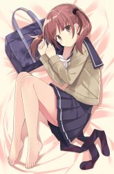 Rule 34 | 1girl, 501092-taka, bag, bare legs, barefoot, blush, brown eyes, brown hair, feet, fetal position, from above, full body, hair ornament, long hair, looking at viewer, lying, neckerchief, on side, original, pleated skirt, school bag, school uniform, serafuku, skirt, solo, toes, twintails, white neckerchief