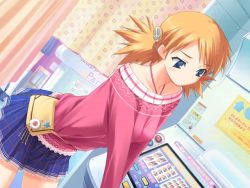 Rule 34 | 00s, 2girls, arcade, arrow (symbol), bag, bare shoulders, blue eyes, blue skirt, blush, casual, cowboy shot, curtains, fanny pack, from side, game cg, hair ornament, hair tie, halterneck, handbag, indoors, kawata hisashi, kneehighs, lace, leaning forward, long sleeves, looking down, miniskirt, mitsumi misato, multiple girls, off shoulder, orange hair, parted bangs, parted lips, pink shirt, plaid, plaid skirt, sasamori karin, shirt, shoes, short hair, short twintails, skirt, smiley face, socks, solo focus, spiked hair, standing, star (symbol), to heart (series), to heart 2, twintails, v arms, white legwear