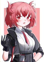 Rule 34 | 1girl, :o, arknights, black gloves, black jacket, black skirt, blush, breasts, collared shirt, commentary request, cropped jacket, dress shirt, fiammetta (arknights), flying sweatdrops, gloves, hair between eyes, hand up, high-waist skirt, highres, jacket, looking at viewer, medium breasts, necktie, open clothes, open jacket, open mouth, outline, pink background, red eyes, red hair, red necktie, shirt, short hair, short sleeves, skirt, solo, spam (spamham4506), sweat, two-tone background, white background, white outline, white shirt