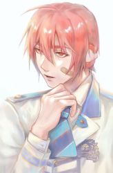 Rule 34 | 1boy, ahoge, arsloid, bandaid, bandaid on face, bloom, collared shirt, epaulettes, expressionless, hair between eyes, hand up, headphones, jacket, lapels, male focus, misu (stepforme), necktie, parted lips, red eyes, red hair, shirt, short hair, solo, striped necktie, striped neckwear, upper body, vocaloid, white background, white jacket, white shirt