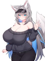 Rule 34 | 1girl, 5danny1206, absurdres, animal ear fluff, animal ears, antenna hair, bare shoulders, black hat, black pants, black sweater, blue eyes, blue hair, blue nails, breasts, bright pupils, cleavage, collarbone, colored inner hair, fox ears, fox girl, grey hair, hat, highres, huge breasts, jewelry, multicolored hair, nail polish, necklace, off-shoulder sweater, off shoulder, pants, see-through, solo, streaked hair, sweater, visor cap, vrchat, white pupils