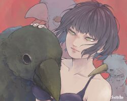 Rule 34 | 1girl, animal, bird, black bra, black hair, bob cut, bra, breasts, collarbone, commentary request, green eyes, highres, lips, original, oversized animal, red background, signature, small breasts, smile, suittyo sama, underwear, upper body