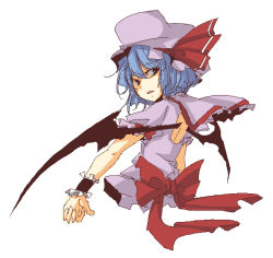 Rule 34 | 1girl, blue hair, female focus, hat, lysander z, mob cap, red eyes, remilia scarlet, ribbon, simple background, solo, touhou, white background, wings