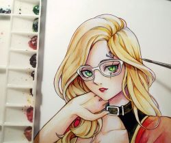 Rule 34 | 1girl, blade &amp; soul, blonde hair, collarbone, commentary request, commission, glasses, green eyes, highres, looking at viewer, original, shibarishuu, slit pupils, solo, traditional media