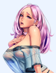 Rule 34 | 1girl, absurdres, areola slip, bare shoulders, blue background, breasts, cleavage, commentary, covered erect nipples, freckles, highres, large breasts, lips, long hair, looking at viewer, mole, mole under mouth, nikita varb, open mouth, original, pink eyes, pink hair, simple background