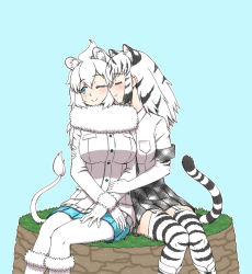 Rule 34 | 10s, 2girls, ;), animal ears, black hair, blue eyes, blush, breasts, elbow gloves, closed eyes, fur collar, garter straps, gloves, hand on another&#039;s arm, jacket, kemono friends, lion ears, long hair, long sleeves, medium breasts, multicolored hair, multiple girls, necktie, nuli zhenxin, one eye closed, plaid, plaid necktie, plaid neckwear, plaid skirt, pleated skirt, shirt, short sleeves, sitting, skirt, smile, striped tail, tail, thighhighs, tiger ears, tiger tail, white gloves, white hair, white lion (kemono friends), white shirt, white tiger (kemono friends), white tiger print, yuri