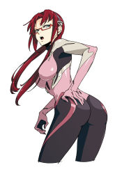 Rule 34 | 1girl, 9aki, ass, bad id, bad pixiv id, blue eyes, bodysuit, brown hair, cowboy shot, cropped legs, from behind, glasses, hand on own ass, highres, looking at viewer, looking back, makinami mari illustrious, neon genesis evangelion, open mouth, plugsuit, rebuild of evangelion, red hair, simple background, solo, twintails, white background