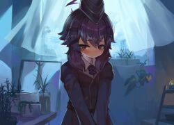 Rule 34 | 1girl, @ @, absurdres, black hat, black jacket, blue archive, blush, brown eyes, closed mouth, collared shirt, curtains, dokomon, garrison cap, hair between eyes, hair ornament, hairclip, halo, haruka (blue archive), hat, highres, indoors, jacket, juliet sleeves, long sleeves, looking at viewer, moonlight, night, plant, potted plant, puffy sleeves, purple hair, shirt, solo, sweat, transparent, window