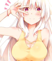 Rule 34 | 1girl, bangle, bare shoulders, blush, bracelet, breasts, chromatic aberration, cleavage, closed mouth, commentary request, dress, hair between eyes, highres, jewelry, long hair, looking at viewer, medium breasts, notice lines, original, red eyes, rinrin (927413), shiro (rinrin), simple background, sleeveless, sleeveless dress, solo, upper body, v over eye, very long hair, white background, white hair, yellow dress