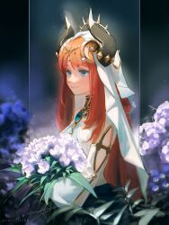 Rule 34 | 1girl, absurdres, blue eyes, blue gemstone, blurry, blurry background, bouquet, brooch, circlet, coppr, fake horns, floral background, flower, from side, gem, genshin impact, gold trim, harem outfit, highres, holding, holding bouquet, horns, jewelry, long hair, long sleeves, looking ahead, neck ring, nilou (genshin impact), parted bangs, puffy long sleeves, puffy sleeves, red hair, sidelocks, signature, smile, solo, twitter username, upper body, veil, white flower, white headdress, white veil