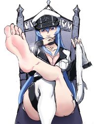 Rule 34 | 1girl, absurdres, akame ga kill!, barefoot, blue eyes, blue hair, boots, unworn boots, breasts, cleavage, esdeath, feet, hat, highres, long hair, looking at viewer, military hat, parted lips, shino (yaruki nai yatsu), shoes, unworn shoes, soles, steam, thigh boots, throne, toes