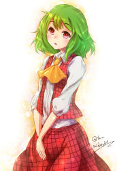 Rule 34 | 1girl, :o, ascot, blush, gradient background, green hair, highres, kazami yuuka, mayonaka taruho, open mouth, plaid, plaid skirt, plaid vest, red eyes, short hair, signature, skirt, solo, touhou, twitter username, v arms, vest