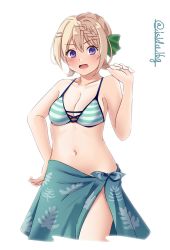 Rule 34 | 1girl, arm up, bikini, blonde hair, blush, bow, braid, braided bun, breasts, collarbone, embarrassed, green bow, hair between eyes, hair bun, hand on own hip, highres, ishida arata, kantai collection, long hair, looking at viewer, medium breasts, navel, official alternate costume, open mouth, perth (kancolle), purple eyes, sarong, simple background, smile, solo, striped bikini, striped clothes, swimsuit, twitter username, white background