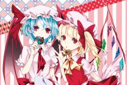 Rule 34 | 2girls, ascot, back bow, bat wings, blonde hair, blue hair, bow, bowtie, breasts, collared shirt, crystal, flandre scarlet, frilled shirt collar, frilled skirt, frilled sleeves, frills, hair bow, hat, hat ribbon, kelu., large bow, looking at viewer, medium hair, mob cap, multicolored wings, multiple girls, one side up, pink background, pink bow, pink headwear, pink shirt, purple eyes, red ascot, red bow, red eyes, red skirt, red vest, remilia scarlet, ribbon, shirt, short sleeves, siblings, simple background, sisters, skirt, small breasts, striped background, touhou, upper body, vest, wings, yellow bow, yellow bowtie