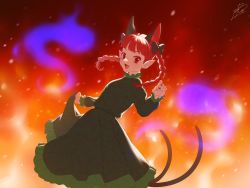 Rule 34 | 1girl, :d, absurdres, animal ears, blue fire, blunt bangs, braid, breasts, cat ears, cat tail, cowboy shot, dress, embers, extra ears, eyebrows hidden by hair, fang, fire, fire, floating hair, gradient background, green dress, hand up, highres, hitodama, juliet sleeves, kaenbyou rin, long hair, long sleeves, looking at viewer, multiple tails, nail polish, nekomata, open mouth, orange background, petticoat, pointy ears, puffy sleeves, red eyes, red hair, red nails, roman komarov, simple background, skin fang, small breasts, smile, solo, sparks, tail, touhou, twin braids, twintails, two tails, v-shaped eyebrows