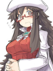 Rule 34 | 1girl, aty (summon night), aty (summon night) (cosplay), beret, black hair, blush, borrowed character, breasts, brown eyes, brown hair, cosplay, freckles, gem, glasses, hat, lab coat, large breasts, long hair, messy hair, motorii, original, red-framed eyewear, ribbed sweater, semi-rimless eyewear, simple background, solo, standing, steepled fingers, summon night, sweatdrop, sweater, under-rim eyewear, white background, yonezawa natsumi, yuusha to maou