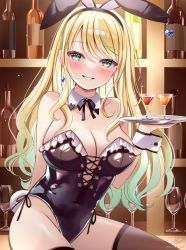 Rule 34 | 1girl, animal ears, bar (place), bare shoulders, black leotard, black thighhighs, blonde hair, blush, bow, breasts, cleavage, cup, detached collar, drinking glass, earrings, fake animal ears, grin, holding, holding tray, indoors, jewelry, large breasts, leotard, long hair, looking at viewer, original, playboy bunny, rabbit ears, sakura hiyori, sitting, smile, solo, thighhighs, tray, wrist cuffs
