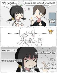 Rule 34 | &gt; &lt;, ..., 3koma, aiu404l, bird, black hair, blue eyes, blush stickers, caterpillar, chick, comic, earrings, egg (aiu404l), eggshell, english text, flying sweatdrops, grey hair, highres, index finger raised, jewelry, nervous, oekaki, original, pointing, pointing at another, short hair, smile, sparkle, sweat, twitter username, typo