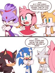 Rule 34 | 2girls, 4boys, absurdres, amy rose, blaze the cat, blue eyes, bracelet, dress, furry, furry female, furry male, green eyes, highres, injury, jewelry, multiple boys, multiple girls, pink eyes, red dress, red eyes, shadow the hedgehog, silver the hedgehog, sonic (series), sonic the hedgehog, speech bubble, tails (sonic), toonsite, white background