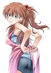 Rule 34 | 1girl, alternate hairstyle, amelie, apron, ass, bare shoulders, blue eyes, brown hair, hair ornament, hairclip, jewelry, long hair, neon genesis evangelion, ponytail, ring, simple background, skirt, smile, solo, souryuu asuka langley, tank top, tying