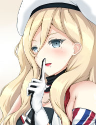 Rule 34 | 1girl, armband, beret, blonde hair, blue eyes, breasts, collarbone, dress, finger to mouth, gloves, gradient background, hair between eyes, hat, highres, kantai collection, lips, long hair, looking at viewer, mole, mole under eye, mole under mouth, multicolored clothes, multicolored gloves, multicolored scarf, pom pom (clothes), richelieu (kancolle), scarf, simple background, solo, strapless, strapless dress, white hat, yakuto007