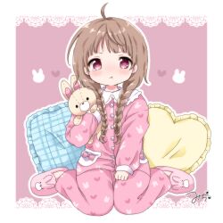 Rule 34 | 1girl, absurdres, ahoge, annoyed, blush, braid, brown hair, child, heart, highres, holding, holding stuffed toy, hugging object, long hair, looking at viewer, original, pajamas, pants, pillow, pink eyes, pink footwear, pink pajamas, pink pants, pink shirt, pout, print pajamas, print pants, print shirt, shirt, sinasia, sitting, slippers, solo, stuffed animal, stuffed rabbit, stuffed toy, tears, twin braids, twintails