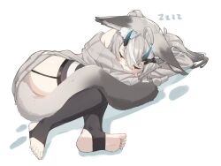Rule 34 | 1girl, animal ear fluff, animal ears, black thighhighs, cat ears, cat girl, cat tail, ears down, full body, garter straps, grey hair, grey sweater, heel-less legwear, highres, horns, long hair, long sleeves, lying, mosou keito, no pants, off-shoulder sweater, off shoulder, on side, original, sleeping, sleeves past fingers, sleeves past wrists, stirrup legwear, sweater, tail, thighhighs, toeless legwear, white thighhighs, zzz