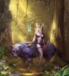 Rule 34 | 1girl, antlers, aqua eyes, artist request, bug, butterfly, chaos online, edelyn, flower, forest, full body, highres, hood, horns, insect, midriff, nature, official art, outdoors, parted lips, ruins, solo, standing, tree