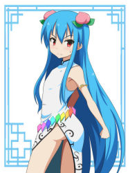 Rule 34 | &gt;:(, 1girl, ass, bare shoulders, blue hair, blush, cato (monocatienus), china dress, chinese clothes, dress, flat chest, food, frown, fruit, hinanawi tenshi, long hair, peach, red eyes, side slit, sidelocks, sleeveless, sleeveless dress, solo, touhou, v-shaped eyebrows, very long hair, white dress