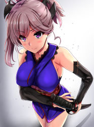 Rule 34 | 1girl, armpits, blush, breasts, dress, fate/grand order, fate (series), highres, large breasts, long hair, miyamoto musashi (fate), miyamoto musashi (first ascension) (fate), pink hair, ponytail, purple eyes, simple background, smile, solo, sword, warrior, weapon
