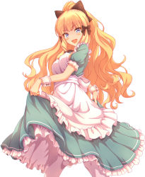 Rule 34 | 1girl, apron, black bow, blonde hair, blue eyes, blush, bow, breasts, curtsey, dress, elf, frills, gatchapowa, green dress, hair bow, long hair, looking at viewer, medium breasts, open mouth, pointy ears, ponytail, princess connect!, puffy short sleeves, puffy sleeves, saren (princess connect!), short sleeves, sidelocks, simple background, smile, solo, wavy hair, white background