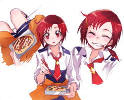 Rule 34 | 10s, 1girl, chopsticks, crumbs, grin, hair ornament, hairclip, hino akane (smile precure!), necktie, okonomiyaki, ponytail, precure, red eyes, red hair, school uniform, sleeves rolled up, smile, smile precure!, solo, tima, white background