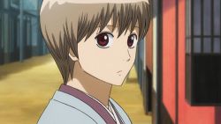 Rule 34 | 1boy, animated, animated gif, bloodshot eyes, brown hair, close-up, eyeball, gintama, japanese clothes, kimono, looking at viewer, lowres, male focus, okita sougo, solo, thumbs up