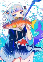 Rule 34 | 1girl, animal, artist name, blue background, blue eyes, blue footwear, blue hair, blue hoodie, blue nails, blunt bangs, commentary, drawstring, english commentary, fins, fish, fish tail, gawr gura, gawr gura (1st costume), hair ornament, hand up, heart, highres, hinasumire, holding, holding animal, holding fish, hololive, hololive english, hood, hood down, hoodie, light smile, long sleeves, looking at viewer, medium hair, mouth hold, multicolored hair, nail polish, pocket, polearm, shark hair ornament, shark tail, sharp teeth, shoes, sneakers, solo, streaked hair, tail, teeth, trident, tsurime, two side up, virtual youtuber, water, weapon, white background, white footwear, white hair, wide sleeves