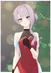 Rule 34 | 1girl, alternate costume, bare shoulders, black gloves, blurry, blurry background, bokeh, cevio, choker, christmas tree, collarbone, commentary, covered collarbone, cowboy shot, depth of field, dress, gloves, grin, hand on own chest, highres, long hair, looking at viewer, purple hair, red dress, shawl, side slit, single sidelock, smile, solo, strapless, strapless dress, vocaloid, voiceroid, yuzuki yukari, yuzuki yukari (rei), zooanime