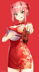 Rule 34 | 10s, 1girl, artist name, bowl, breast lift, breasts, carbon12th, china dress, chinese clothes, chocolate, cleavage cutout, clothing cutout, cowboy shot, darling in the franxx, dress, flower, food, food on body, food on breasts, food on face, foreshortening, green eyes, hair flower, hair ornament, hair up, highres, holding, holding bowl, holding food, horns, licking lips, long hair, looking at viewer, meat, medium breasts, pink hair, red background, red flower, short dress, short sleeves, sidelocks, simple background, solo, tongue, tongue out, valentine, zero two (darling in the franxx)