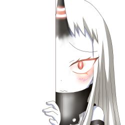 Rule 34 | 10s, 1girl, abyssal ship, colored skin, horns, kantai collection, long hair, looking at viewer, nagineko, pale skin, peeking out, red eyes, seaport princess, single horn, solo, transparent background, wavy mouth, white hair, white skin