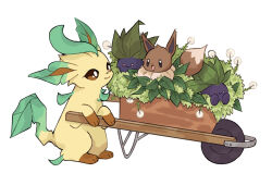 Rule 34 | :d, brown eyes, closed mouth, commentary, creatures (company), eevee, english commentary, flower, game freak, gen 1 pokemon, gen 4 pokemon, highres, leaf, leafeon, looking at another, mjoyart, nintendo, no humans, oddish, open mouth, plant, pokemon, pokemon (creature), simple background, smile, wheelbarrow, white background, white flower