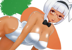 Rule 34 | 1girl, animal ears, bare shoulders, blush, breasts, cleavage, dark-skinned female, dark skin, detached collar, fake animal ears, female focus, glasses, large breasts, leaning forward, looking at viewer, open mouth, original, playboy bunny, rabbit ears, rabbit tail, short hair, silver hair, solo, tail, tomatto (@ma!)