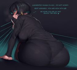 Rule 34 | 1girl, allmind (armored core 6), armored core, armored core 6, ass, black hair, black suit, breasts, commentary, earrings, english commentary, english text, formal, from behind, green eyes, green hair, highres, jewelry, krekkov, large breasts, long sleeves, looking at viewer, looking back, multicolored hair, office lady, pantyhose, pantylines, personification, short hair, sitting, skirt, solo, suit, triangle earrings