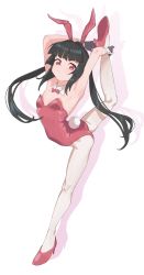 Rule 34 | 1girl, animal ears, black hair, blunt bangs, bow, bowtie, commentary request, detached collar, doka yuki (tsumorisugi), female focus, flat chest, full body, highres, leg up, leotard, long hair, looking at viewer, pantyhose, playboy bunny, rabbit ears, rabbit tail, red bow, red bowtie, red eyes, red leotard, senki zesshou symphogear, simple background, solo, standing, standing on one leg, strapless, strapless leotard, tail, tsukuyomi shirabe, twintails, white background, white pantyhose, wrist cuffs